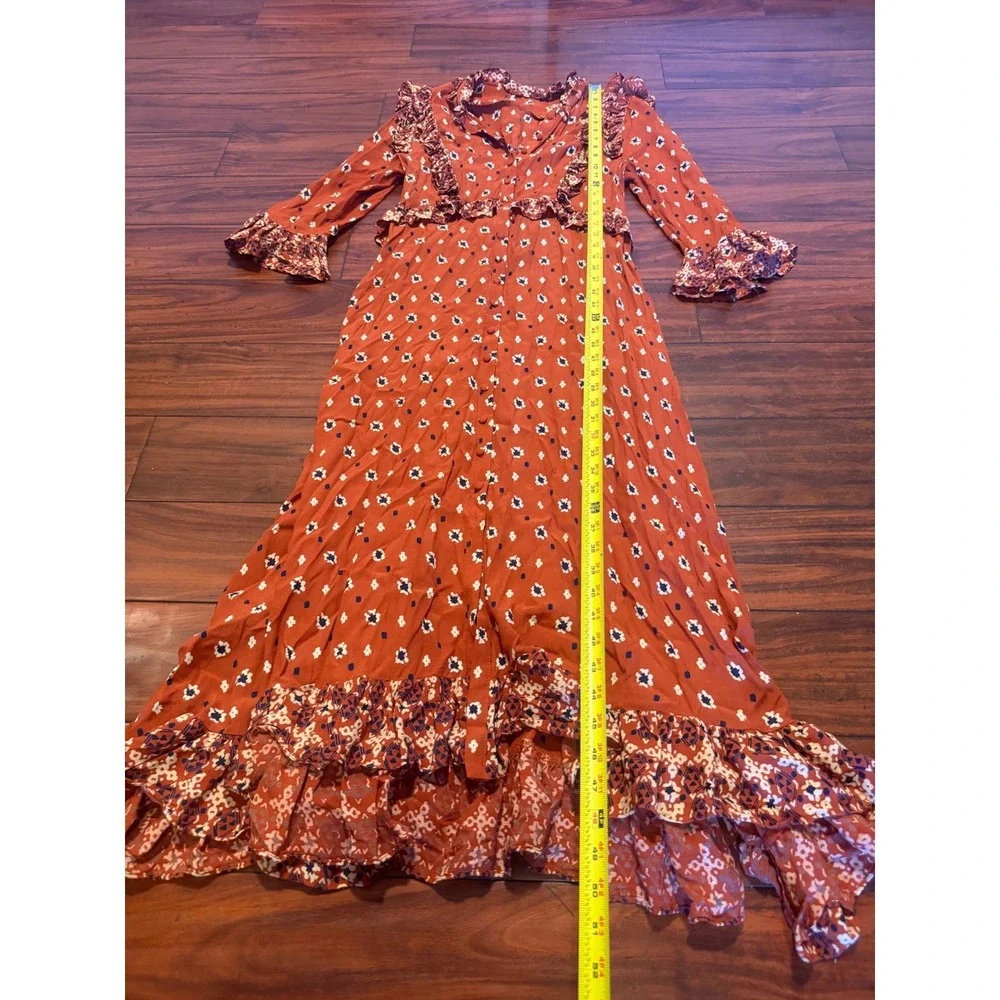 Free People Rare Feelings Maxi Dress Rust Orange Floral Boho Duster Size S - Picture 5 of 9
